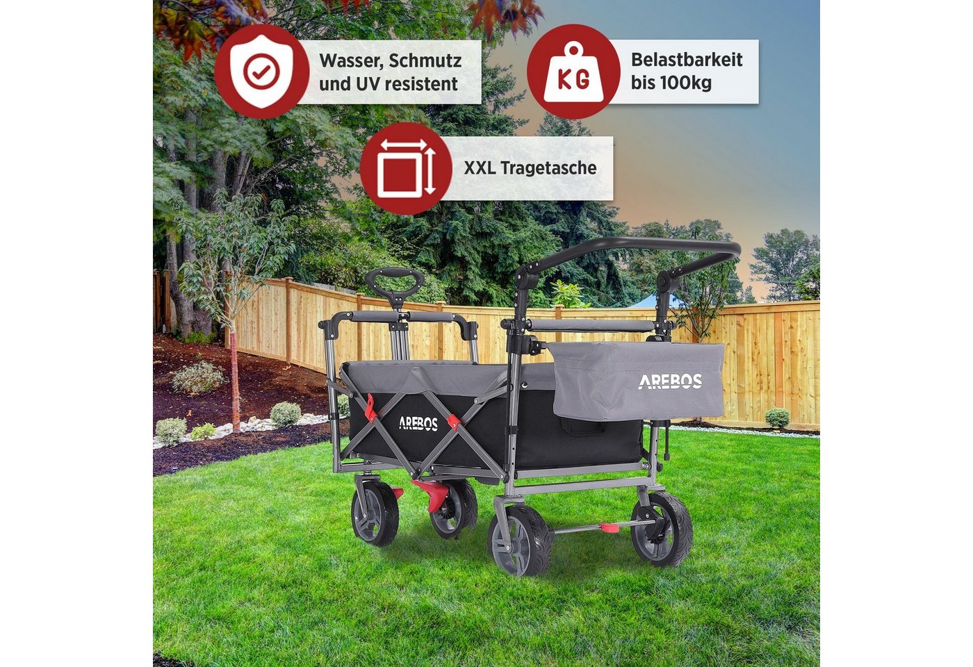 Arebos Bollerwagen mit Dach Premium, Handwagen Transportkarre 100 kg tragekraft, Vorder- und Hinter-Bremse – Bild 4 von 5