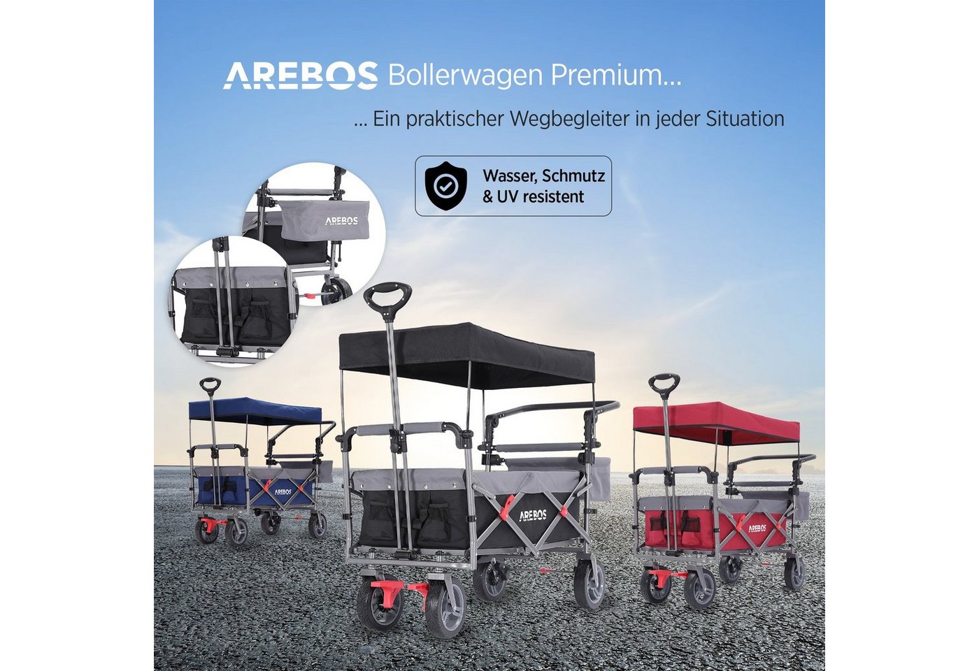 Arebos Bollerwagen mit Dach Premium, Handwagen Transportkarre 100 kg tragekraft, Vorder- und Hinter-Bremse – Bild 5 von 5