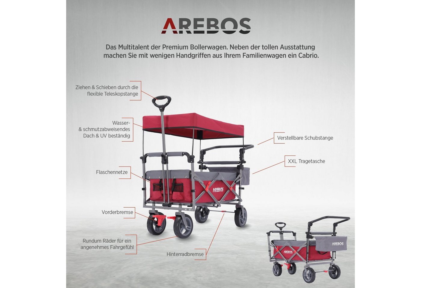 Arebos Bollerwagen mit Dach Premium, Handwagen Transportkarre 100 kg tragekraft, Vorder- und Hinter-Bremse – Bild 3 von 5