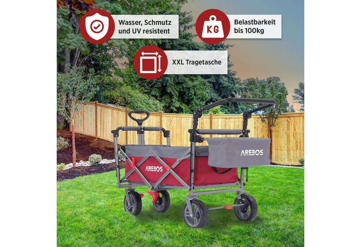 Arebos Bollerwagen mit Dach Premium, Handwagen Transportkarre 100 kg tragekraft, Vorder- und Hinter-Bremse – Bild 4 von 5