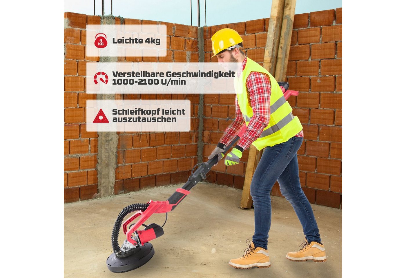 Arebos Deckenschleifer Langhalsschleifer – Decken- & Wandschleifer für Trockenbau, 2100,00 m/min, (Transportbox), 710 W – Bild 4 von 5