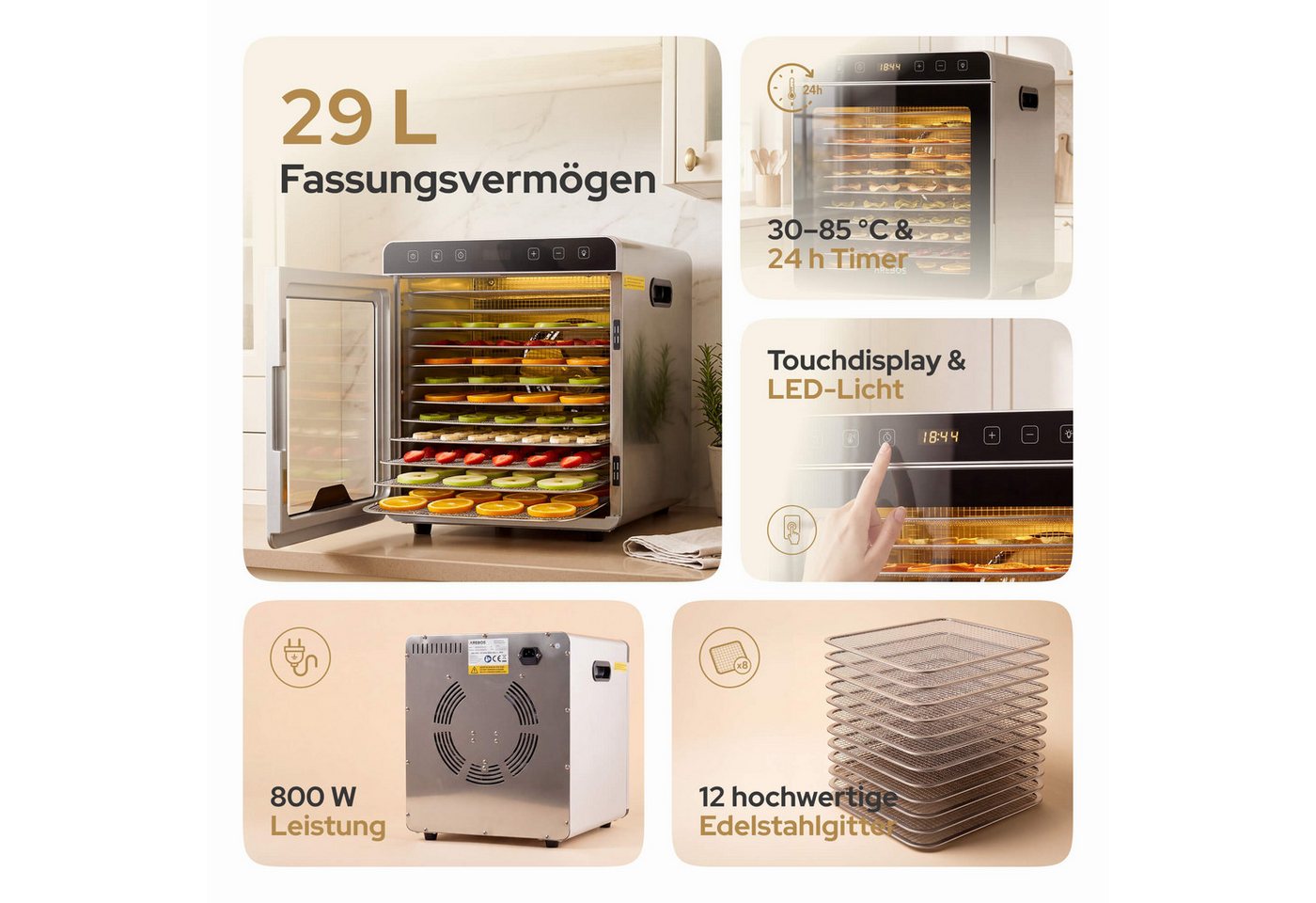 Arebos Dörrautomat Dörrgerät 29L mit Edelstahlgittern & Timer 800 W, 12 Etagen, 29 L Fassungsvermögen, 800 W Leistung – Bild 3 von 5