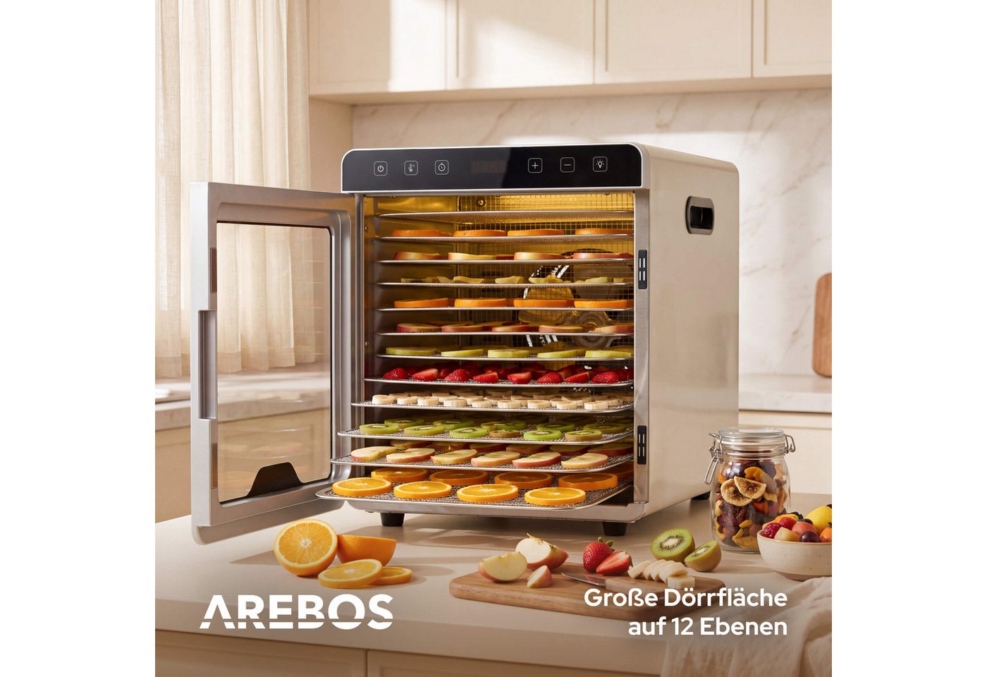 Arebos Dörrautomat Dörrgerät 29L mit Edelstahlgittern & Timer 800 W, 12 Etagen, 29 L Fassungsvermögen, 800 W Leistung – Bild 4 von 5