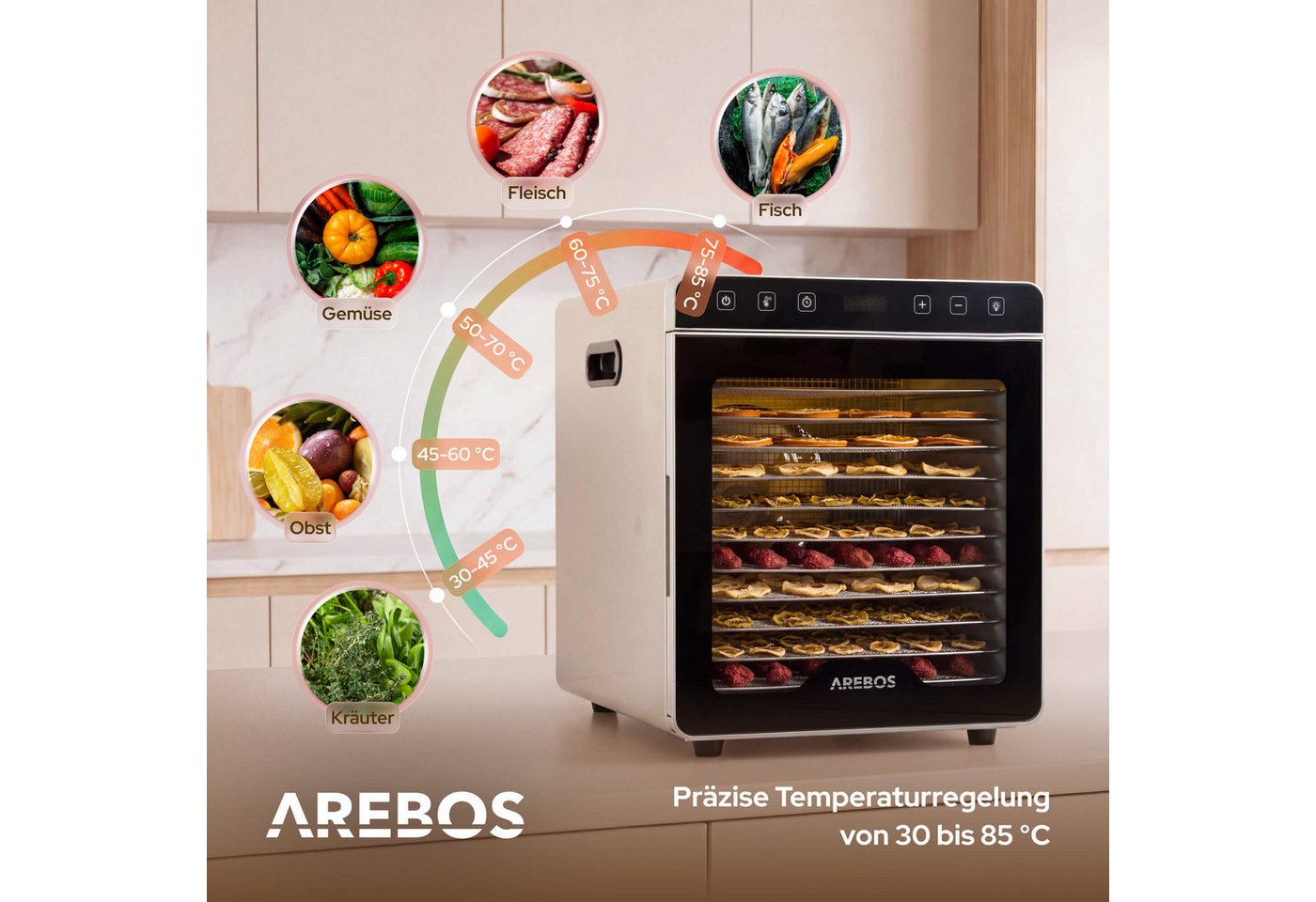 Arebos Dörrautomat Dörrgerät 29L mit Edelstahlgittern & Timer 800 W, 12 Etagen, 29 L Fassungsvermögen, 800 W Leistung – Bild 5 von 5