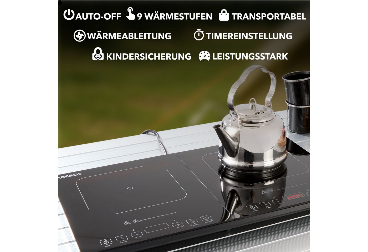 Arebos Doppel-Induktionskochplatte 3500W, 2 Kochzonen mit Touch-Display & Timer Überhitzungsschutz, Alle induktionsgeeigneten Kochutensilien – Bild 3 von 5