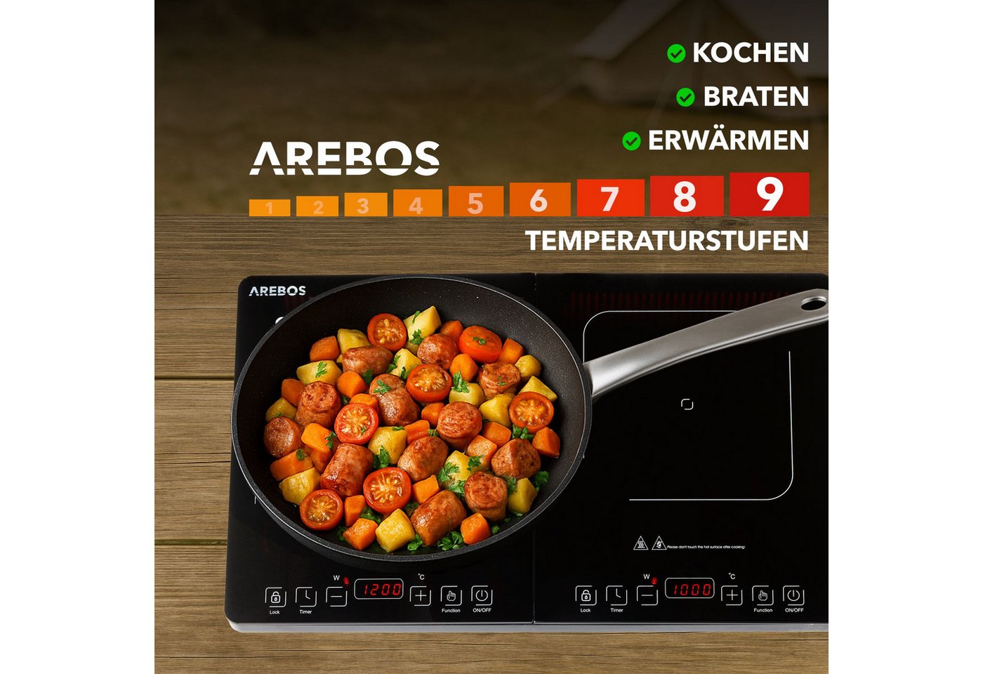 Arebos Doppel-Induktionskochplatte 3500W, 2 Kochzonen mit Touch-Display & Timer Überhitzungsschutz, Alle induktionsgeeigneten Kochutensilien – Bild 4 von 5