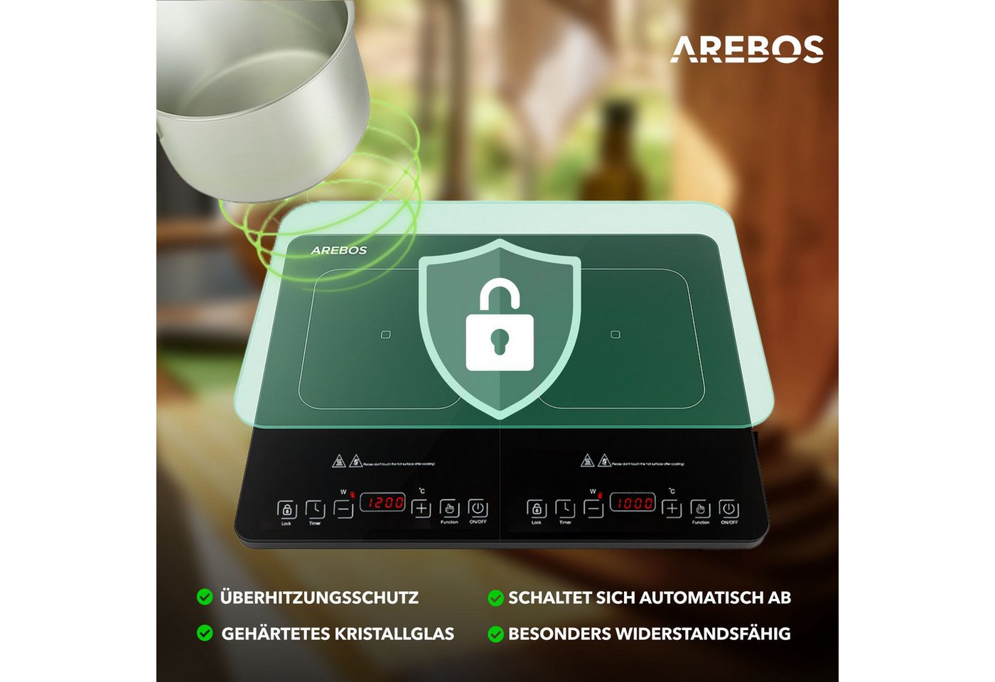 Arebos Doppel-Induktionskochplatte 3500W, 2 Kochzonen mit Touch-Display & Timer Überhitzungsschutz, Alle induktionsgeeigneten Kochutensilien – Bild 5 von 5