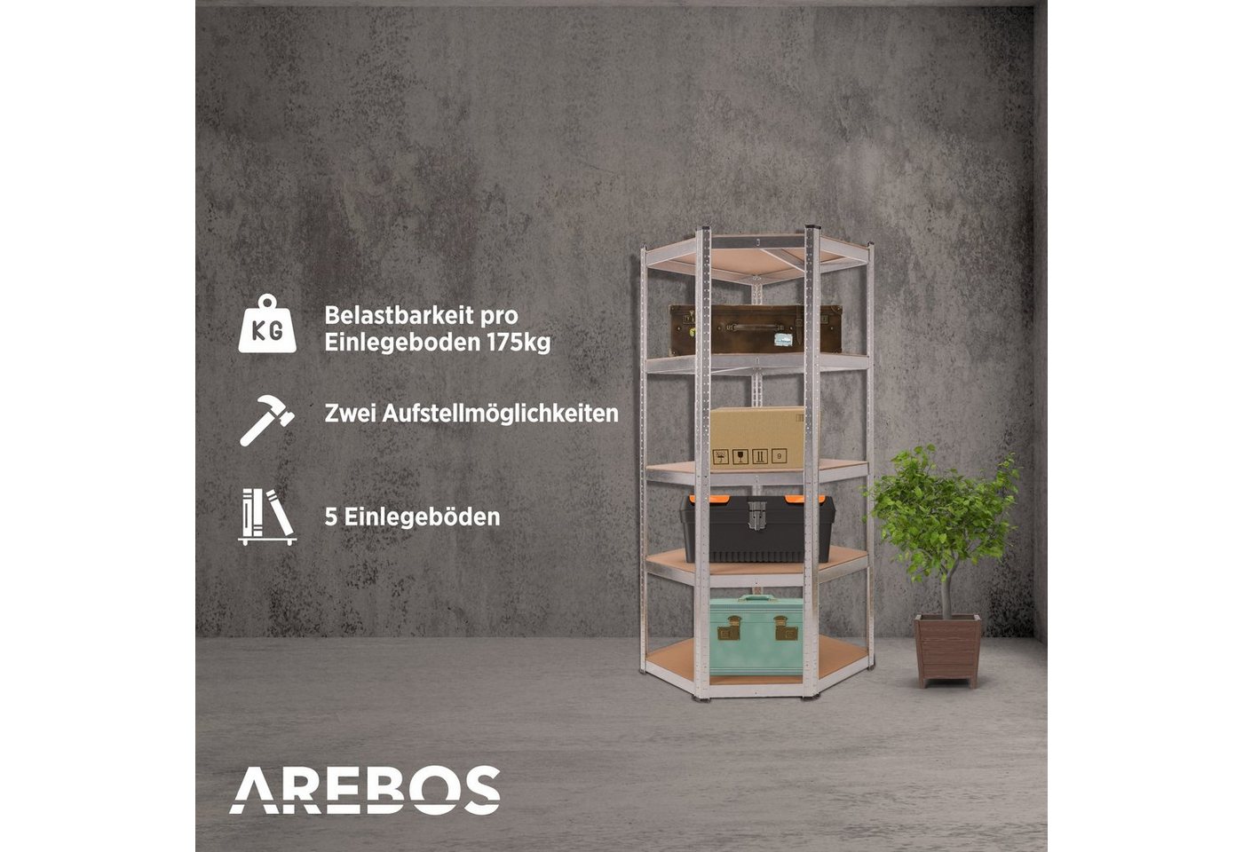 Arebos Eckregal 180x70x70 cm, 875 kg, Traglast, Steckregal, Lagerregal, Flexibel einsetzbar: für Werkstatt, Garage, Keller oder Lager – Bild 3 von 5