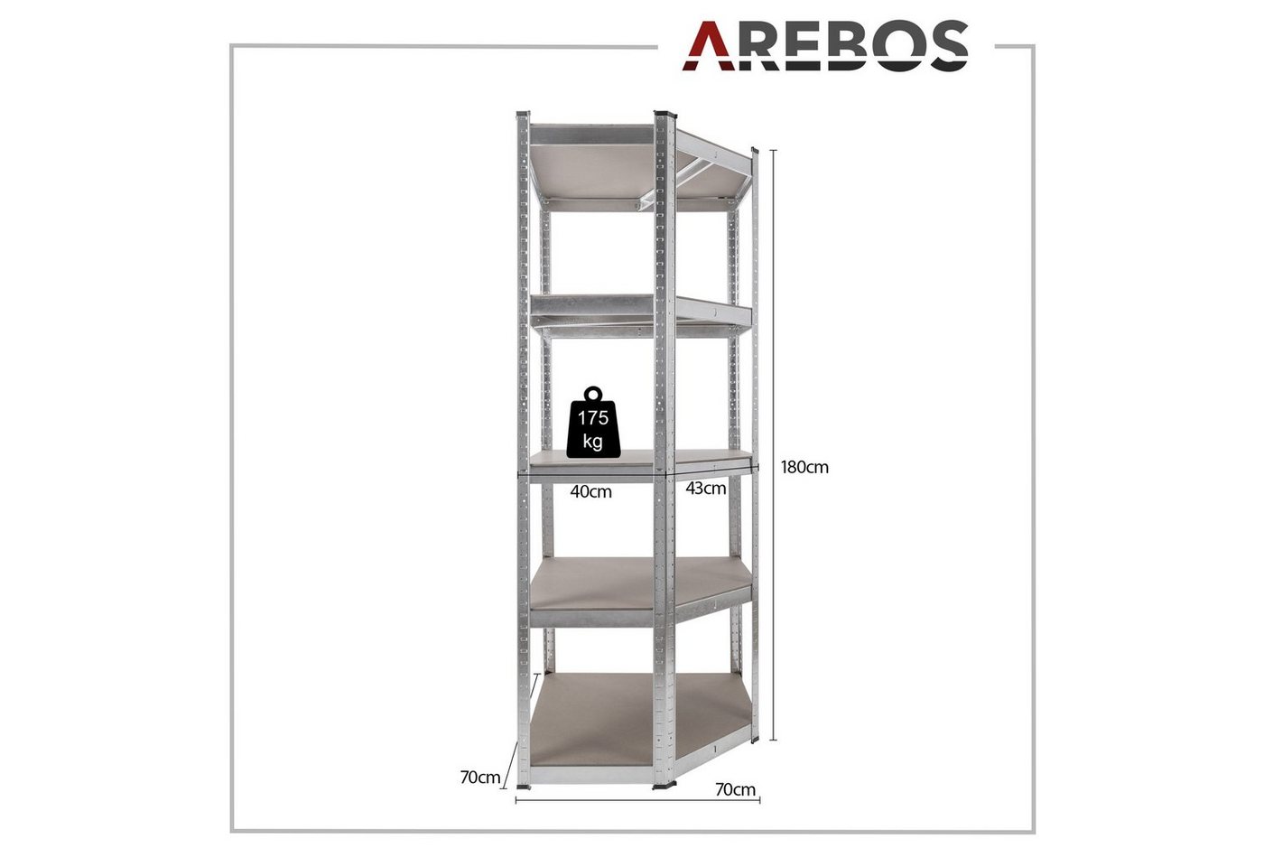 Arebos Eckregal 180x70x70 cm, 875 kg, Traglast, Steckregal, Lagerregal, Flexibel einsetzbar: für Werkstatt, Garage, Keller oder Lager – Bild 4 von 5