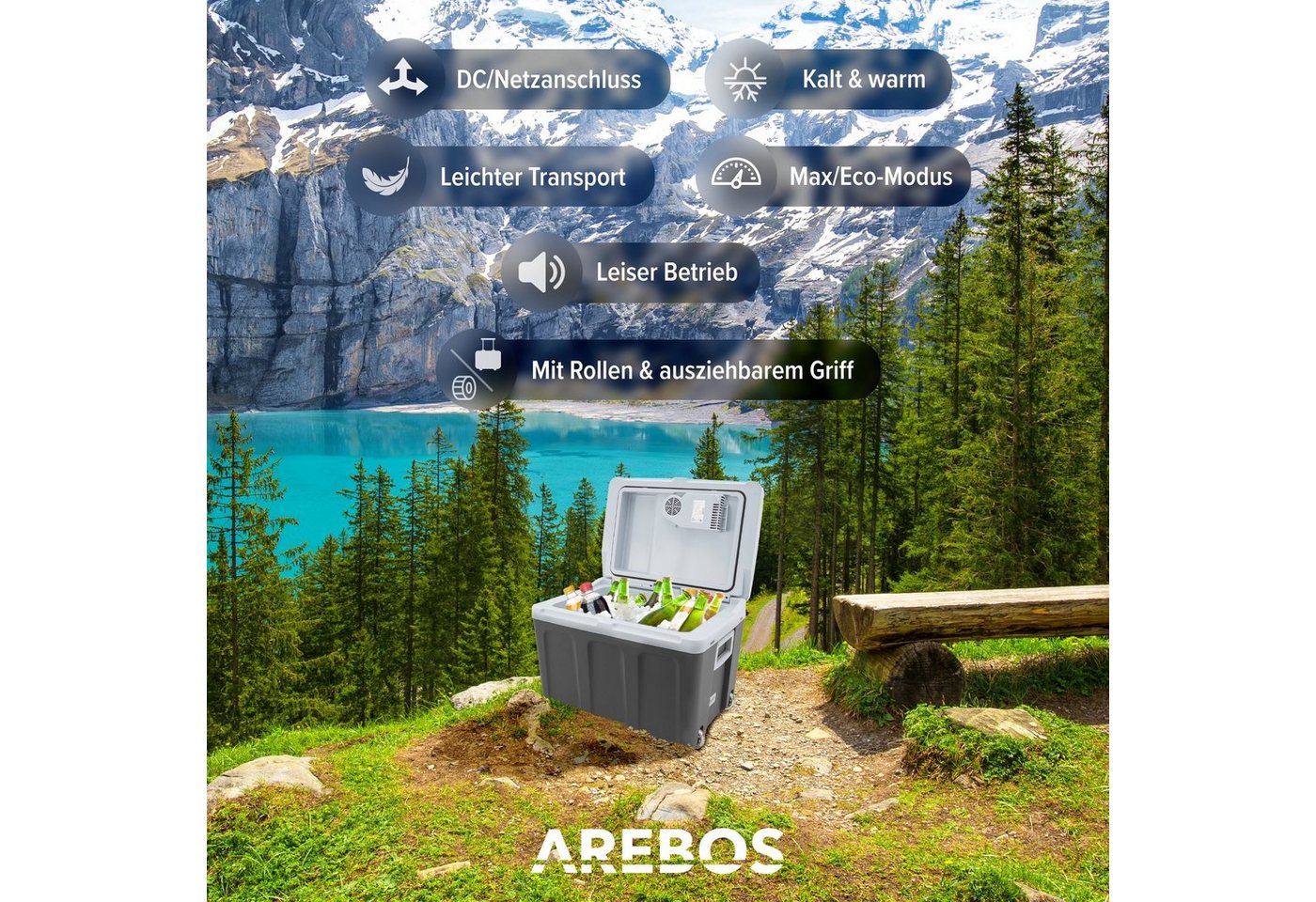 Arebos Elektrische Kühlbox 40L, Mobil Kühlschrank ECO Modus, Kühlen & Warmhalten, 2 Programme: COLD & HOT – Bild 3 von 5
