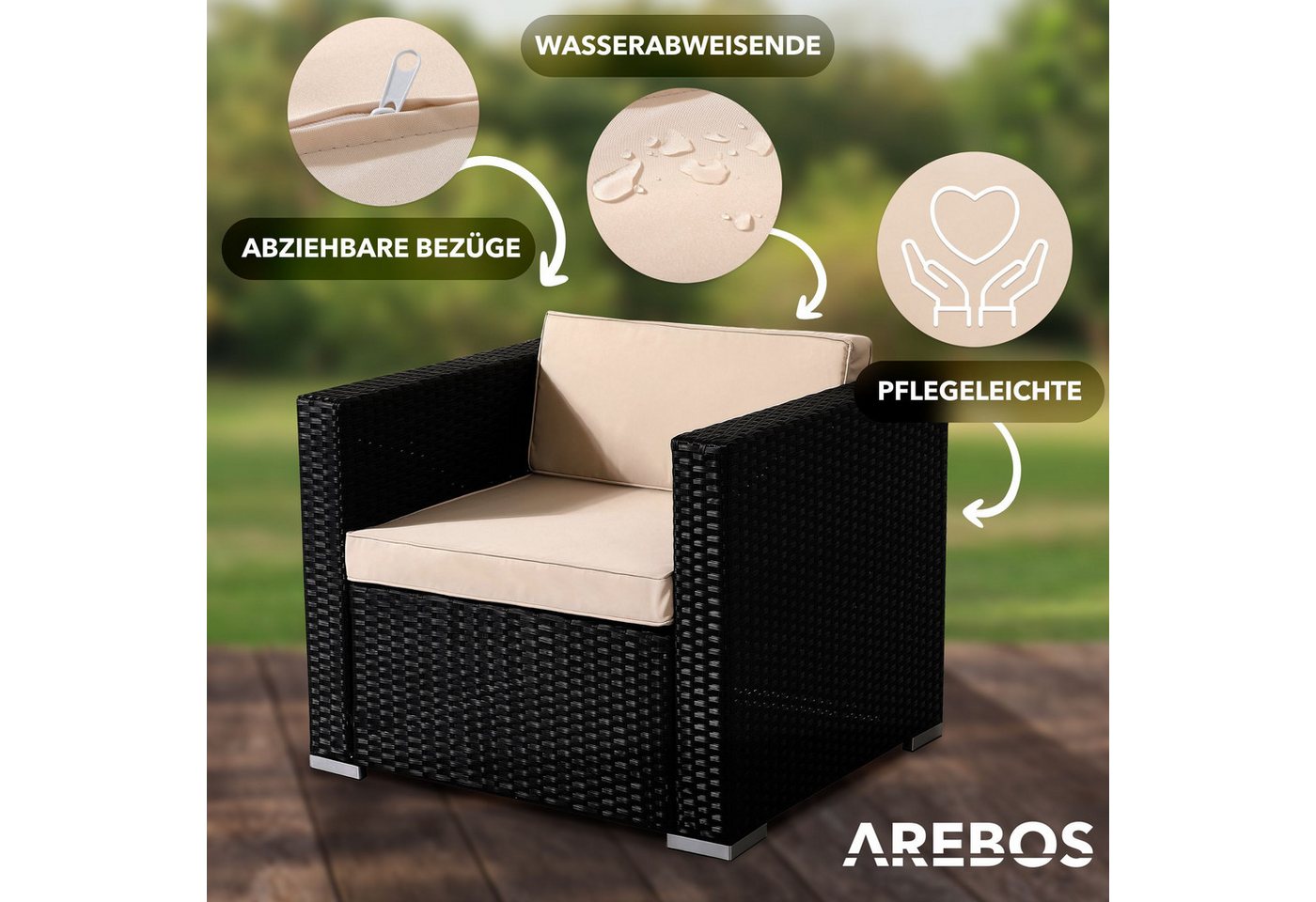 Arebos Gartensessel Poly-Rattan Gartenlounge, Inkl. Sitz- und Rückenkissen, Schwarz (1-St), UV-beständigen Polyrattan-Geflecht – Bild 3 von 5