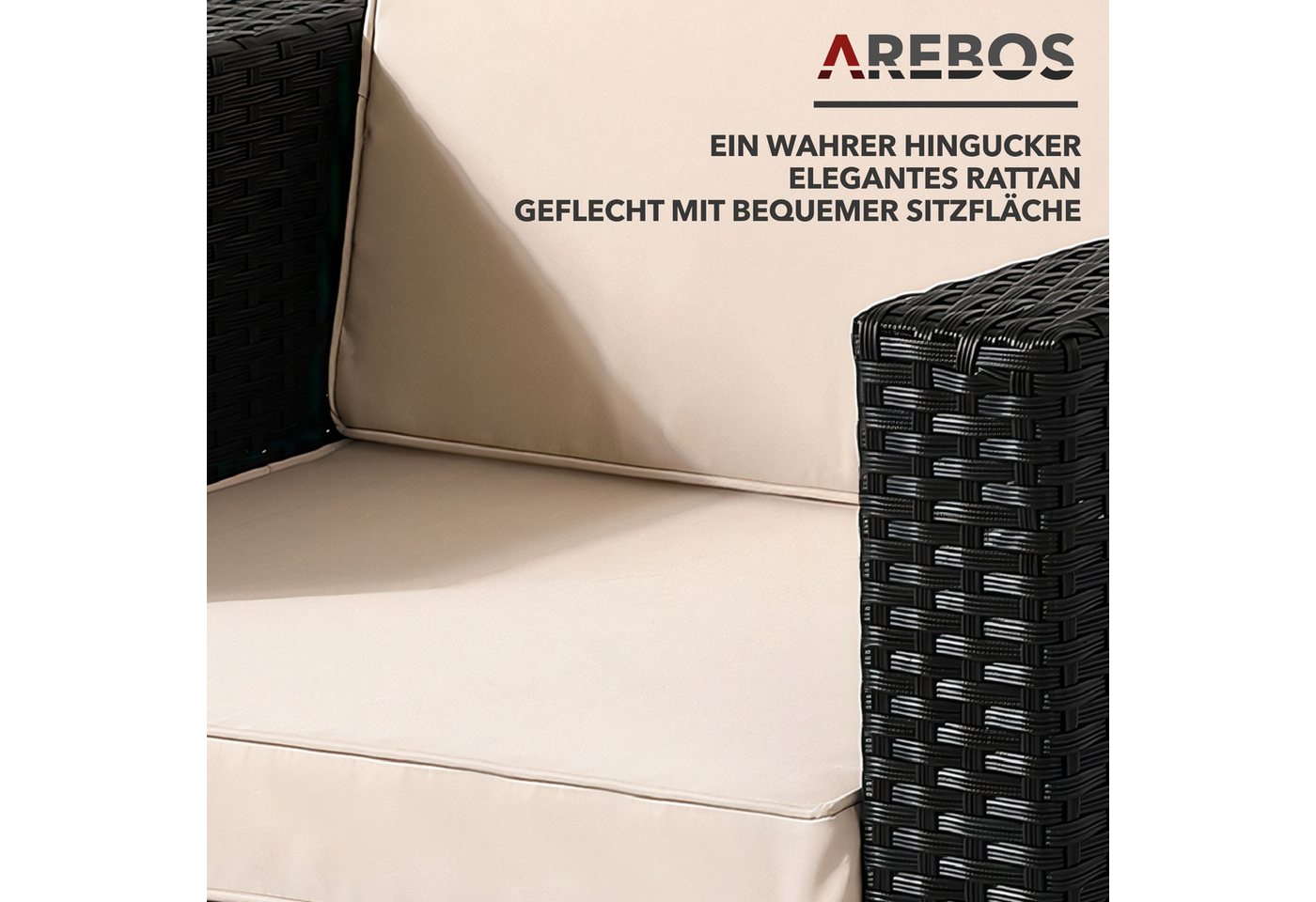 Arebos Gartensessel Poly-Rattan Gartenlounge, Inkl. Sitz- und Rückenkissen, Schwarz (1-St), UV-beständigen Polyrattan-Geflecht – Bild 4 von 5