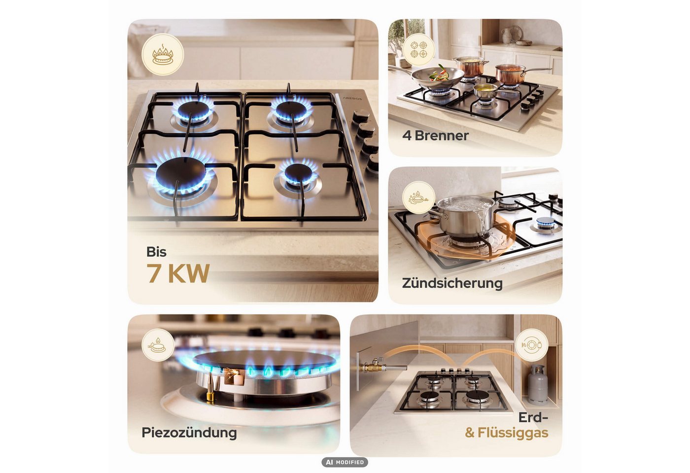 Arebos Gas-Kochfeld, inkl. Gusseisen-Topfträger & Zündsicherung – Bild 3 von 5