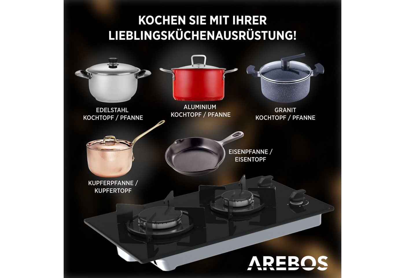 Arebos Gas-Kochfeld, autark & energiesparend integrierte Zündsicherung – Bild 5 von 5