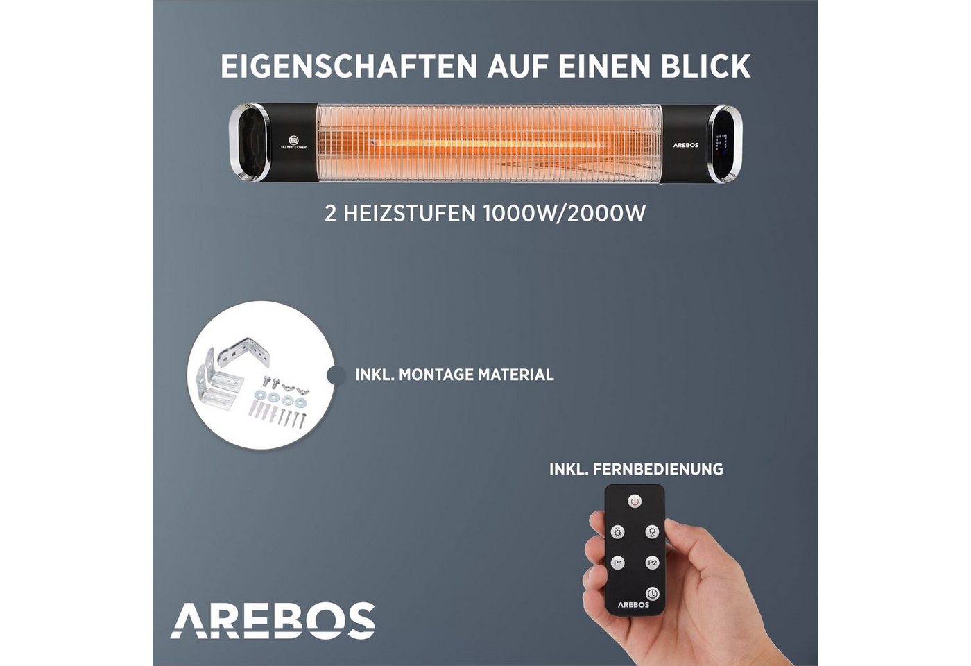 Arebos Heizstrahler 2000W, mit Fernbedienung, 2 Leistungsstufen, 9 Heizstufen, IP65, Fernbedienung – Bild 5 von 5