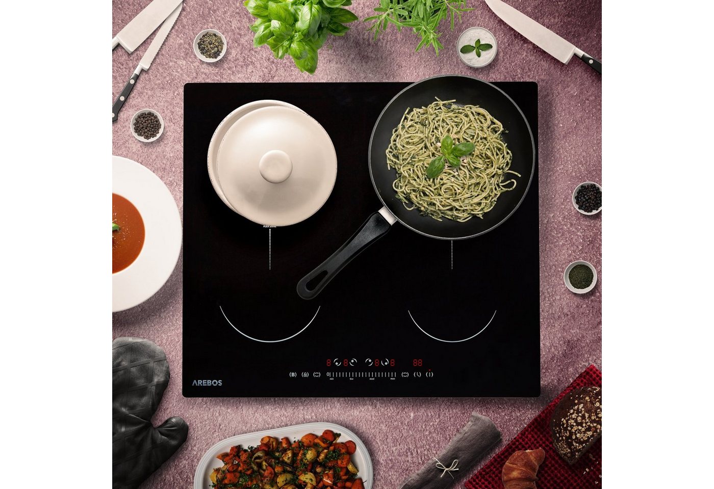 Arebos Induktions-Kochfeld 7200 W, 4 Kochfelder Flexzone, 59 cm, Autark AR-HE-IKF60, mit Sensor Touch, Timer, Kindersicherung & Überhitzungsschutz – Bild 2 von 5