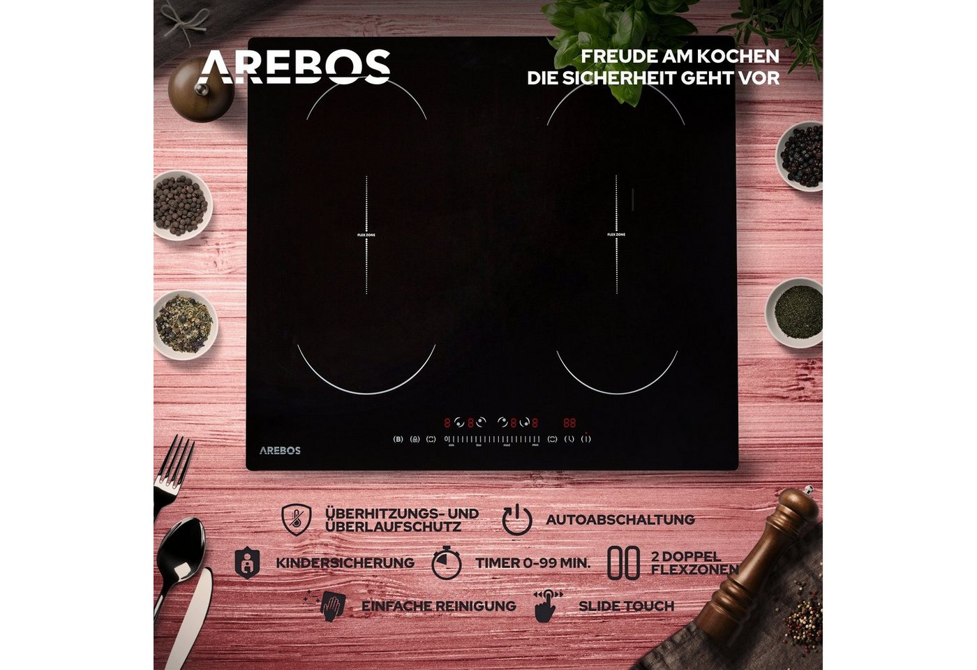 Arebos Induktions-Kochfeld 7200 W, 4 Kochfelder Flexzone, 59 cm, Autark AR-HE-IKF60, mit Sensor Touch, Timer, Kindersicherung & Überhitzungsschutz – Bild 3 von 5