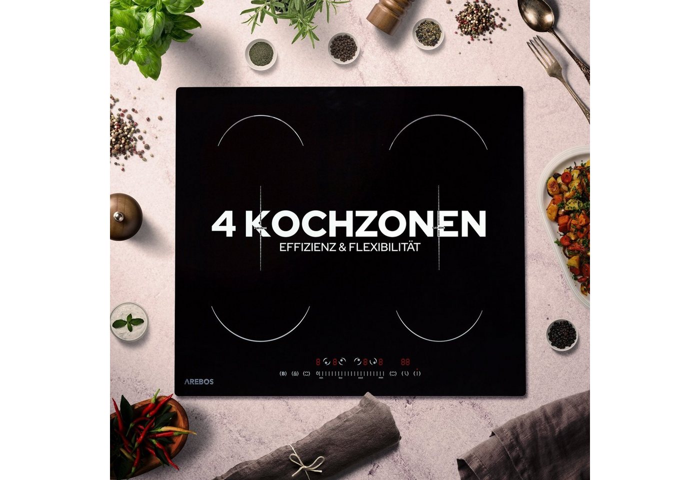 Arebos Induktions-Kochfeld 7200 W, 4 Kochfelder Flexzone, 59 cm, Autark AR-HE-IKF60, mit Sensor Touch, Timer, Kindersicherung & Überhitzungsschutz – Bild 4 von 5