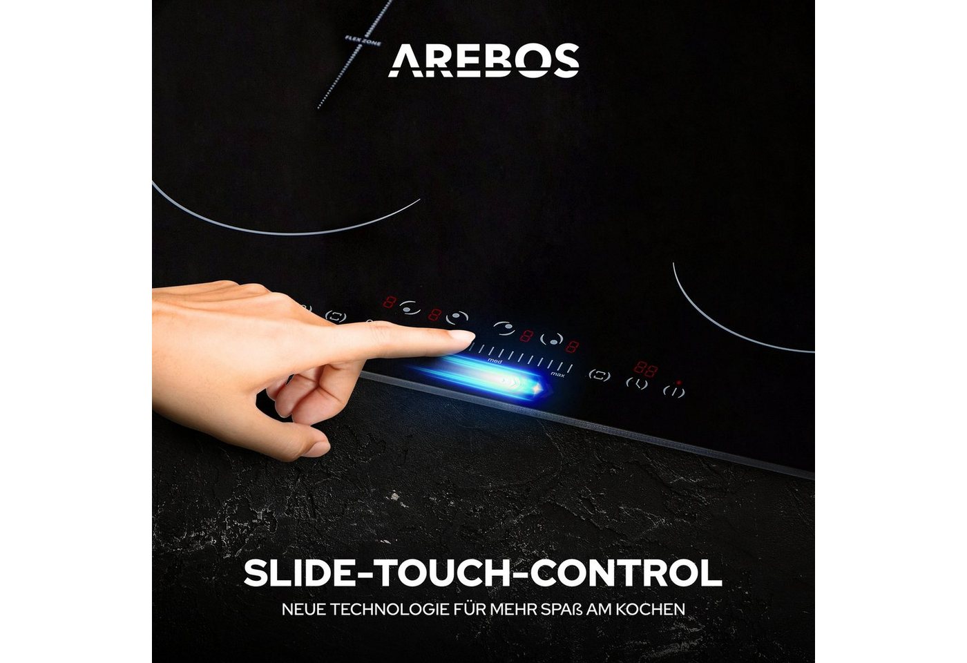 Arebos Induktions-Kochfeld 7200 W, 4 Kochfelder Flexzone, 59 cm, Autark AR-HE-IKF60, mit Sensor Touch, Timer, Kindersicherung & Überhitzungsschutz – Bild 5 von 5