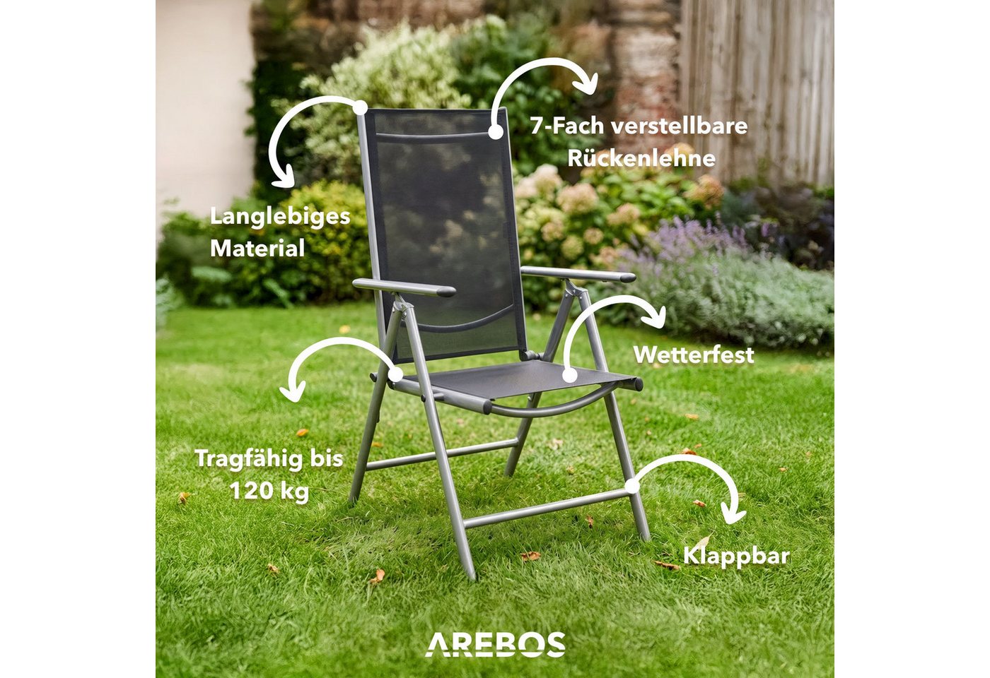 Arebos Klappstuhl Gartenstuhl 2er Set klappbar Hochlehner Alu verstellbar UV-fest (Set, 2 St), 7-fach verstellbar, Wetterfestes, bis 120 kg – Bild 3 von 5