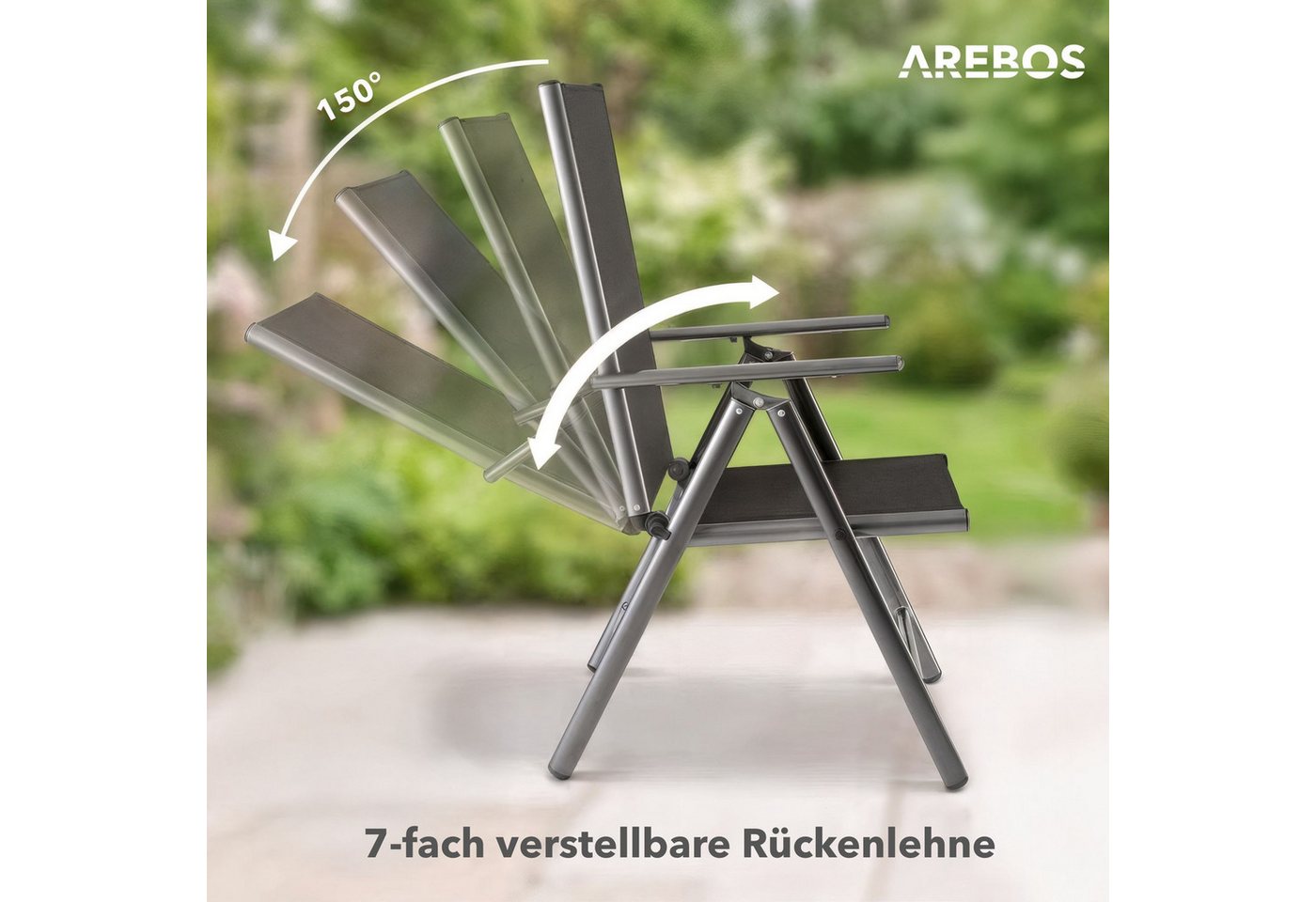 Arebos Klappstuhl Gartenstuhl 2er Set klappbar Hochlehner Alu verstellbar UV-fest (Set, 2 St), 7-fach verstellbar, Wetterfestes, bis 120 kg – Bild 4 von 5