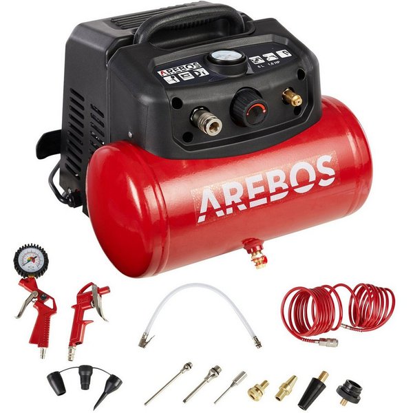 Arebos Kompressor 6L Druckluftkompressor, inkl. . Zubehör, Wartungsarm, 1200 W, max. 8,00 bar, Set, 13tlg. Druckluft-Set + Spiralschlauch, Ölfreier Kompressor f