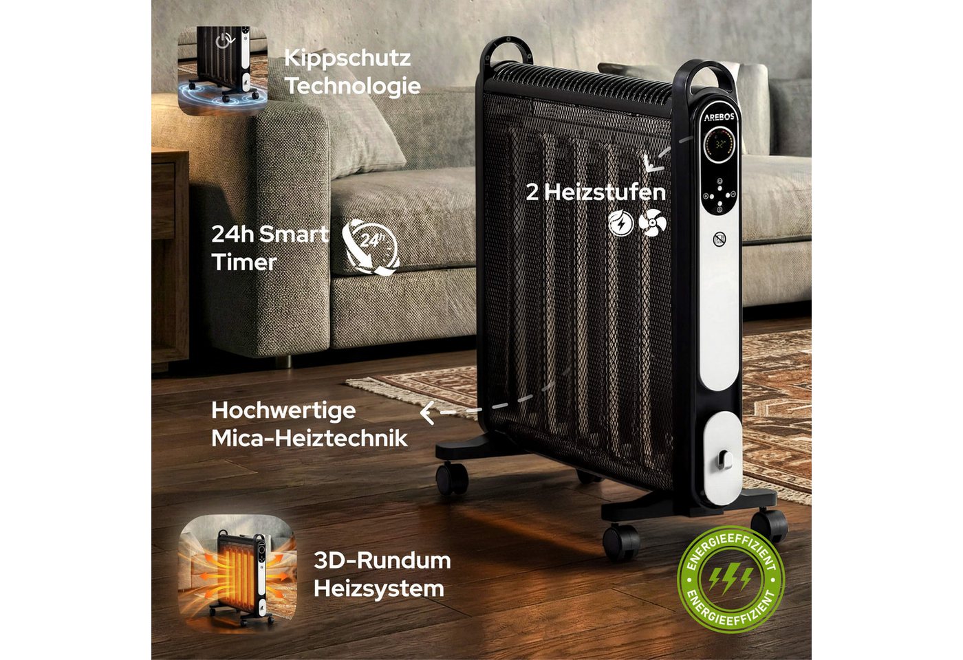 Arebos Konvektor Elektroheizung, mobiler elektro Heizlüfter mit 2 Heizstufen, schwarz, 2000 W – Bild 3 von 5