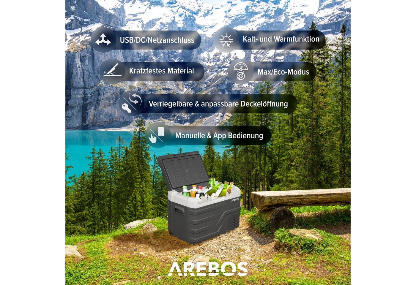 Arebos Kühlbox Gefrierbox 26-43L, Mobiler Kompressor-Kühler mit App-Steuerung, Ablassschraube zum Wasserentfernen – Bild 3 von 5