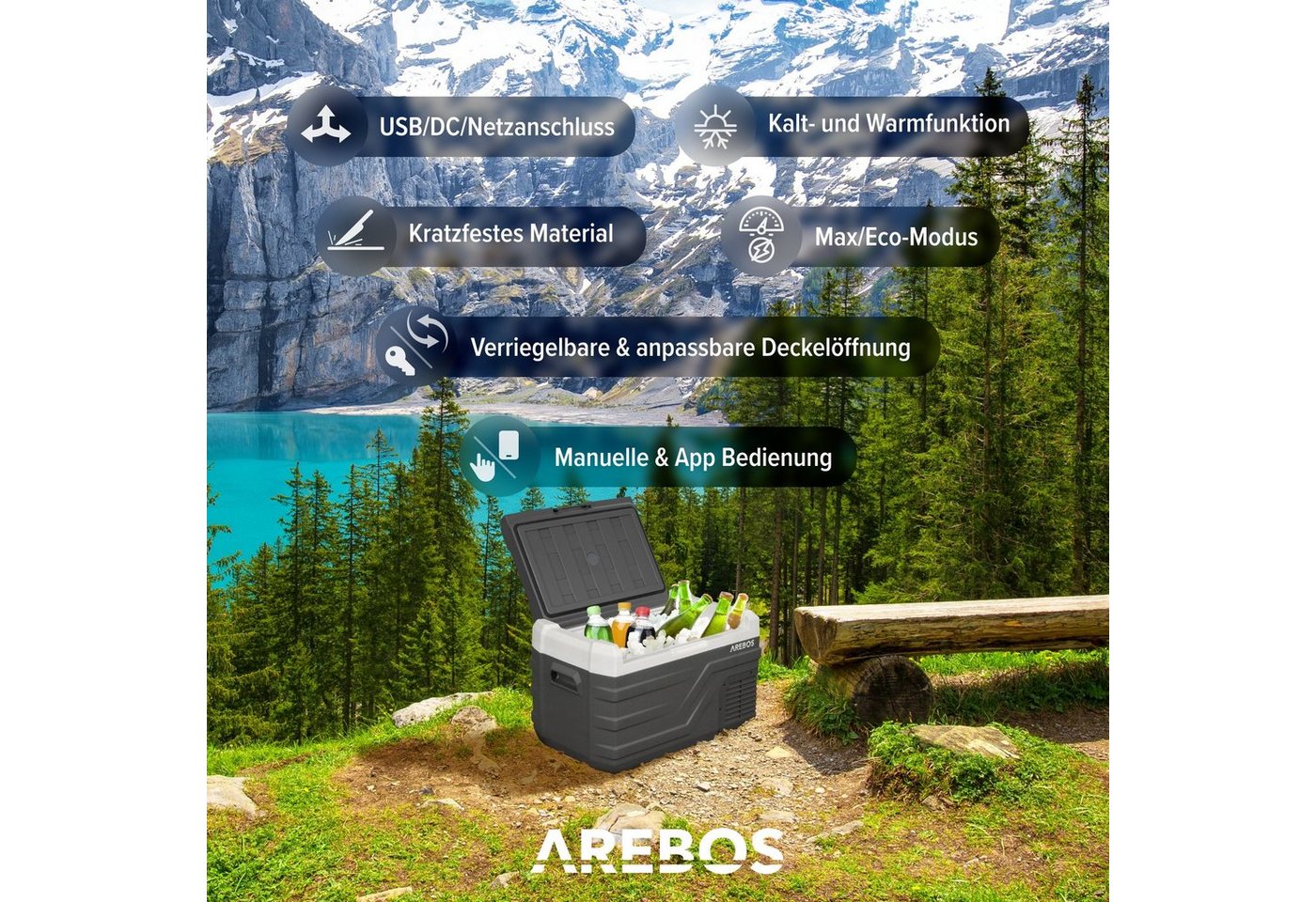 Arebos Kühlbox Gefrierbox 26-43L, Mobiler Kompressor-Kühler mit App-Steuerung, Ablassschraube zum Wasserentfernen – Bild 3 von 5