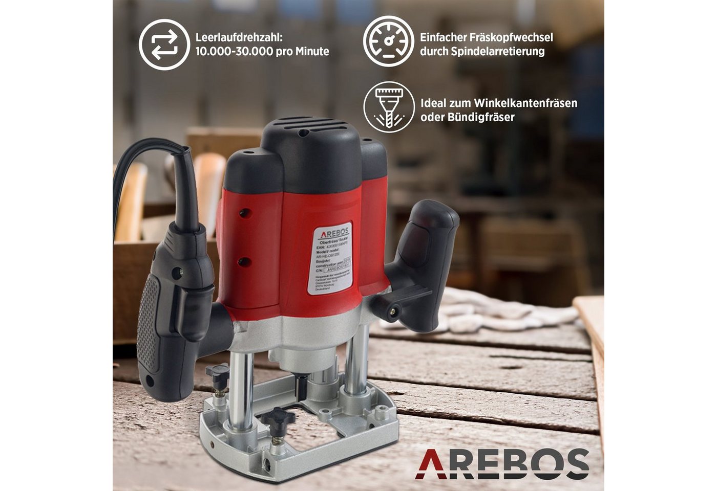 Arebos Oberfräse mit Koffer, 1200 W, inkl. Zubehör + Fräser Set 12-teilig, (Set, Oberfräse) – Bild 2 von 5