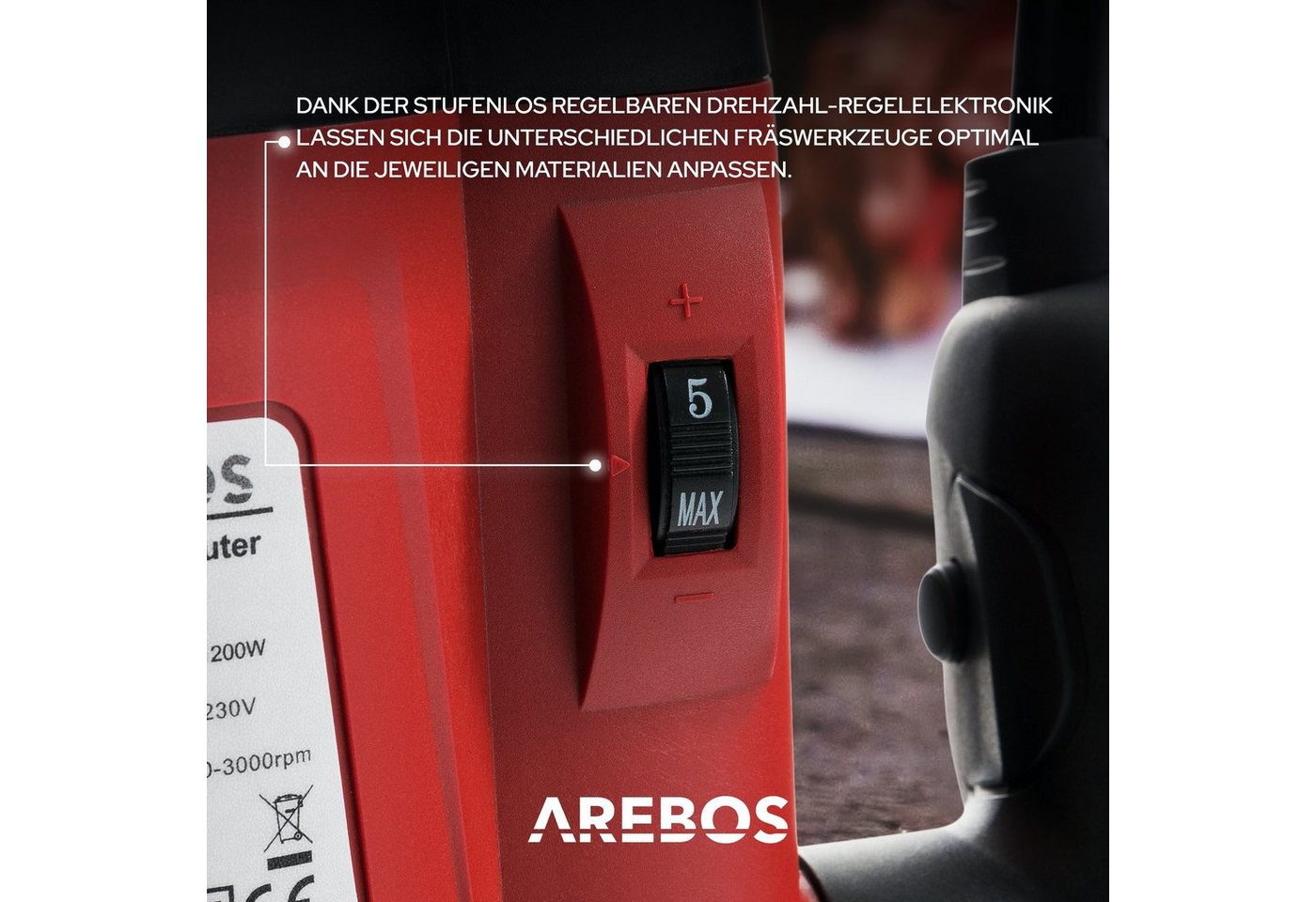 Arebos Oberfräse mit Koffer, 1200 W, inkl. Zubehör + Fräser Set 12-teilig, (Set, Oberfräse) – Bild 3 von 5