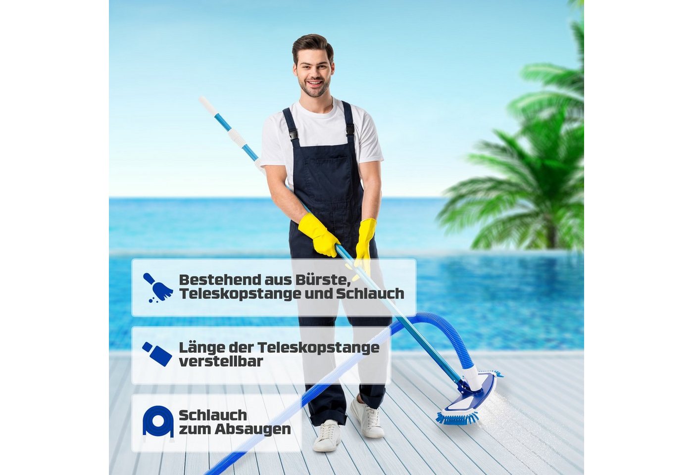 Arebos Poolbürste Poolbürste mit Clip-System und Schlauch - Teleskopstange Ø 32/38 mm, (Set), Schlauch: 11 m – Bild 2 von 5