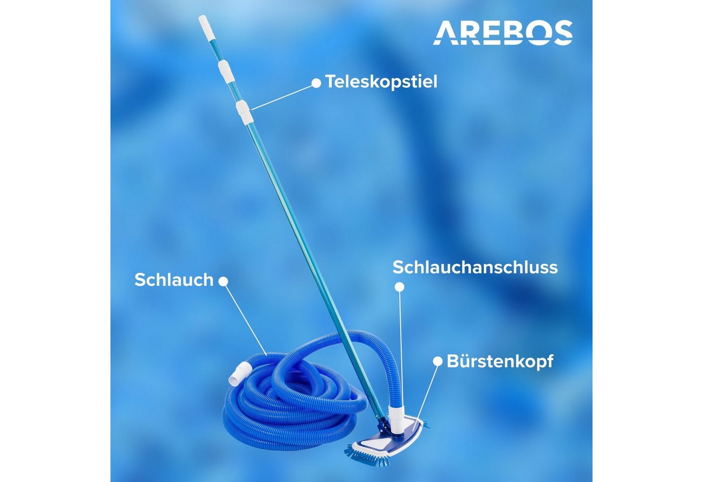 Arebos Poolbürste Poolbürste mit Clip-System und Schlauch - Teleskopstange Ø 32/38 mm, (Set), Schlauch: 11 m – Bild 3 von 5