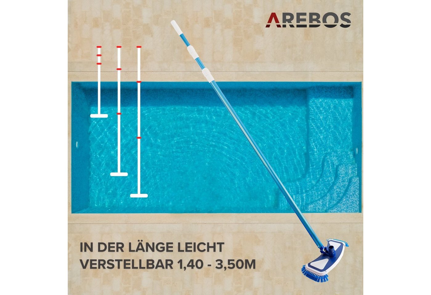 Arebos Poolbürste Poolbürste mit Clip-System und Schlauch - Teleskopstange Ø 32/38 mm, (Set), Schlauch: 11 m – Bild 4 von 5