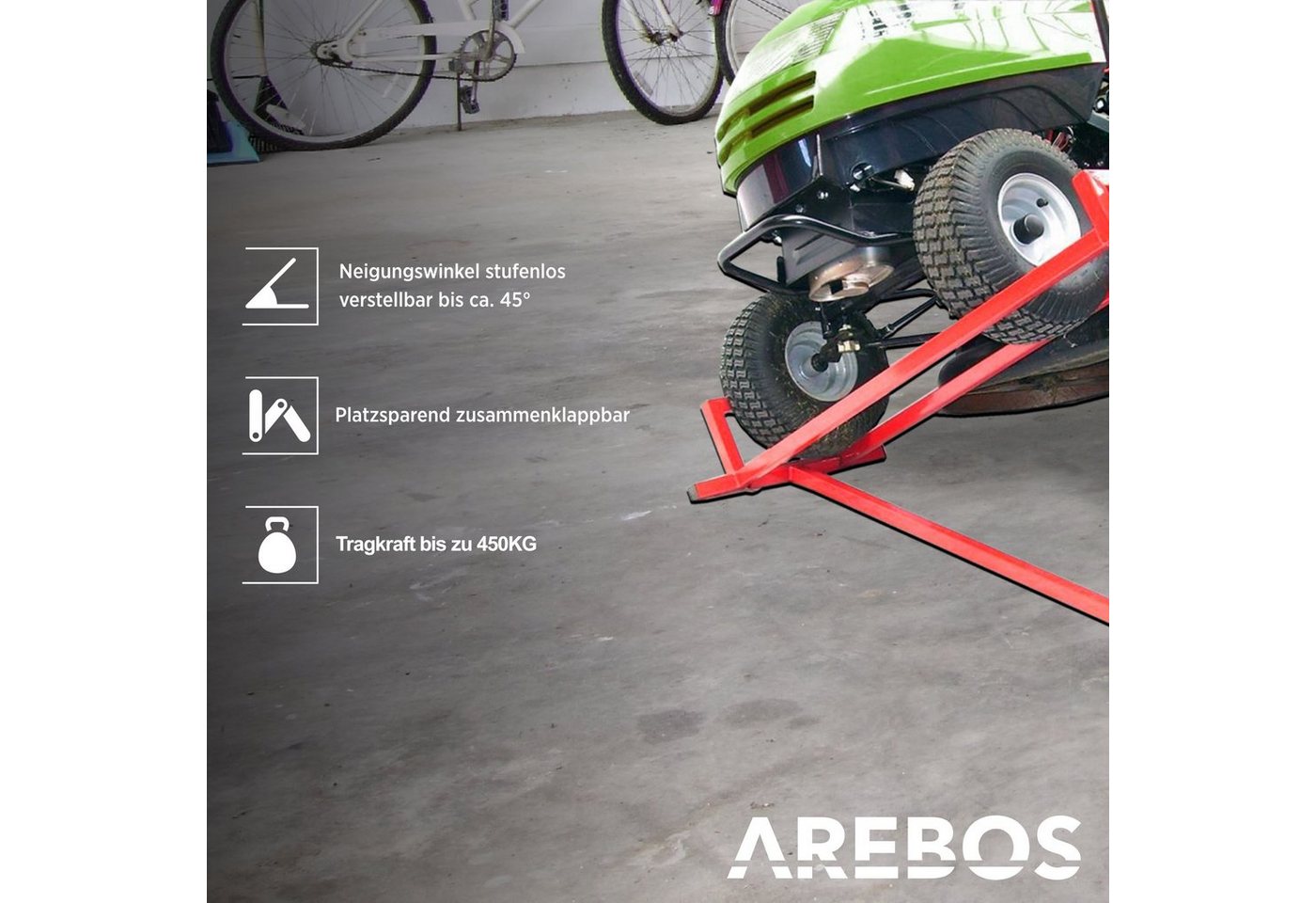 Arebos Rasentraktor Hebevorrichtung, Hebebühne, Aufsitzmäher, Reinigungshilfe, 0 cm Schnittbreite, Rasentraktor Heber, 450 kg, +45° Neigung verstellbar – Bild 2 von 5