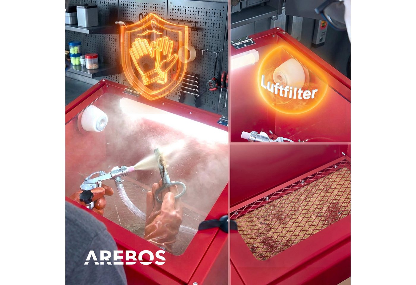 Arebos Sandstrahlkabine 90 Liter, inkl. Strahlpistole, Sichtfenster + 5 Ersatzfolien, 90,00 l, max. 5 bar, Set – Bild 5 von 5