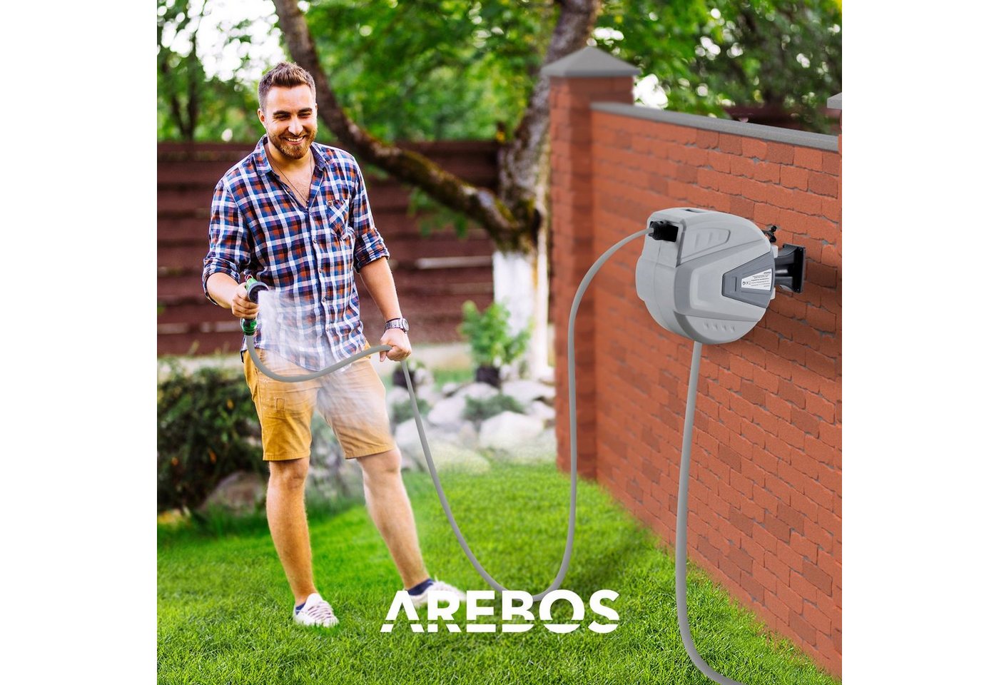 Arebos Schlauchaufroller 30 m, schwenkbare, Wand-Schlauchbox mit Arretierstop, (Stück, 30 m), UV-beständig Dank PVC & Polypropylen Gehäuse – Bild 2 von 5