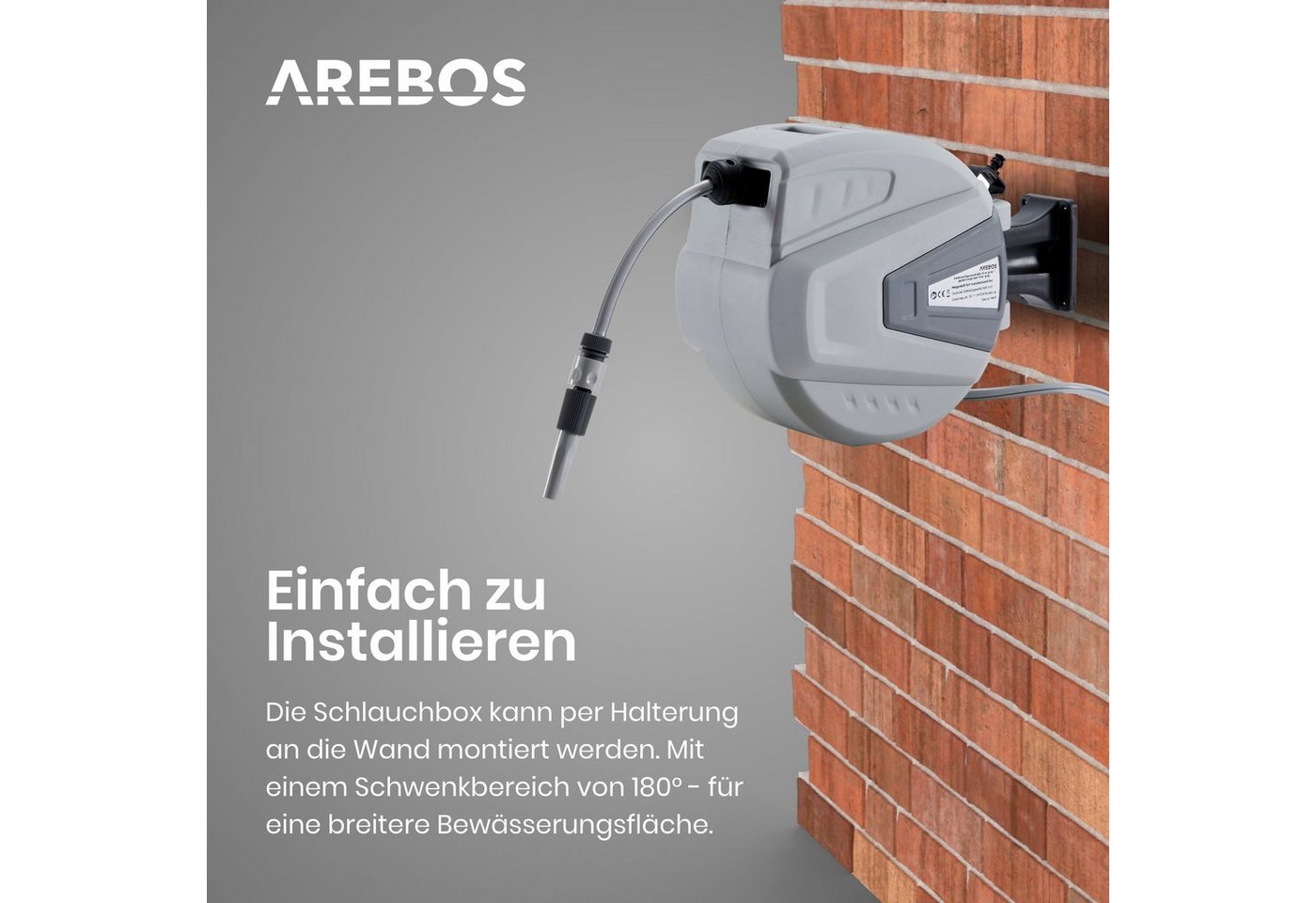 Arebos Schlauchaufroller 30 m, schwenkbare, Wand-Schlauchbox mit Arretierstop, (Stück, 30 m), UV-beständig Dank PVC & Polypropylen Gehäuse – Bild 3 von 5