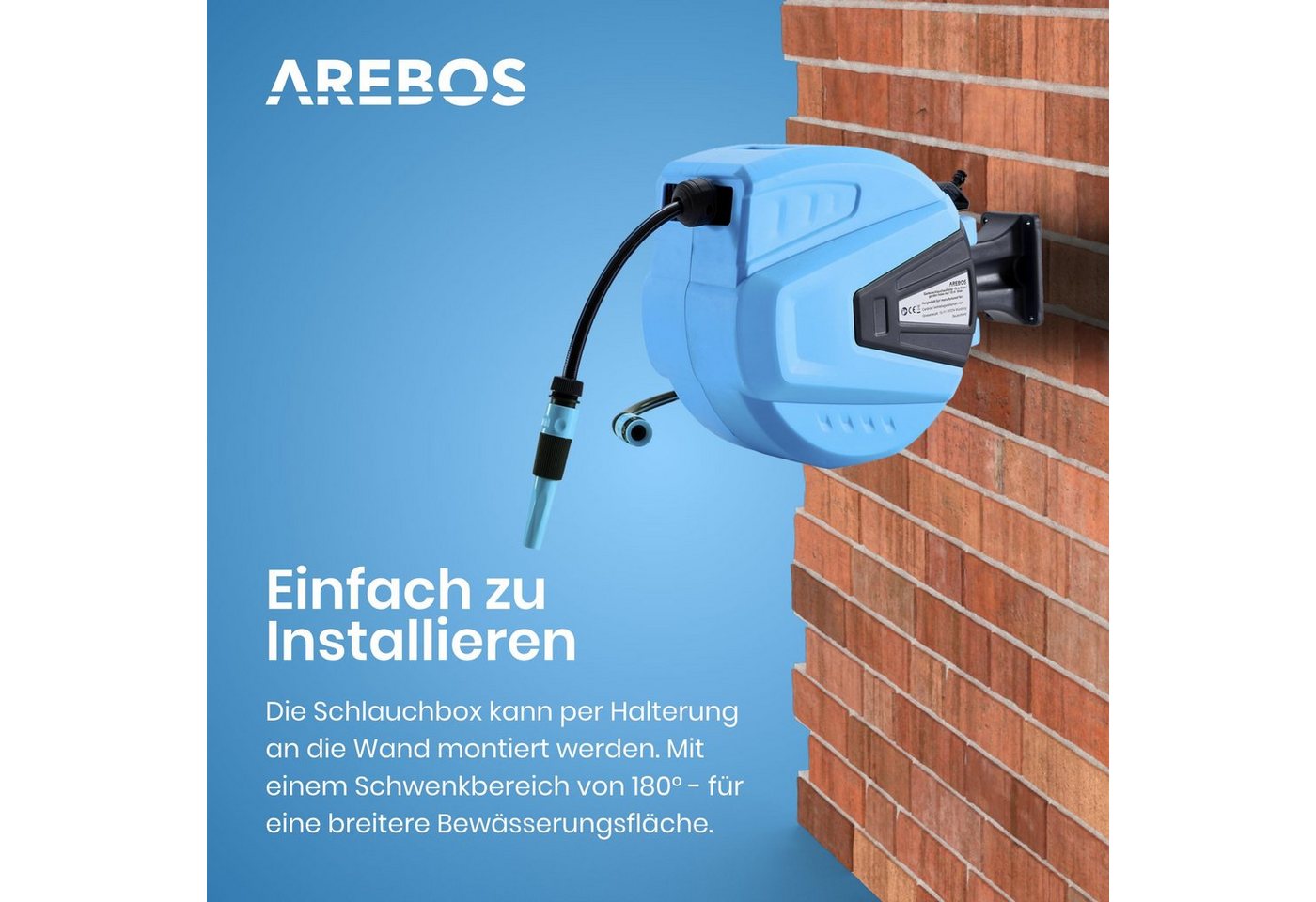 Arebos Schlauchaufroller 30 m, schwenkbare, Wand-Schlauchbox mit Arretierstop, (Stück, 30 m), UV-beständig Dank PVC & Polypropylen Gehäuse – Bild 3 von 5
