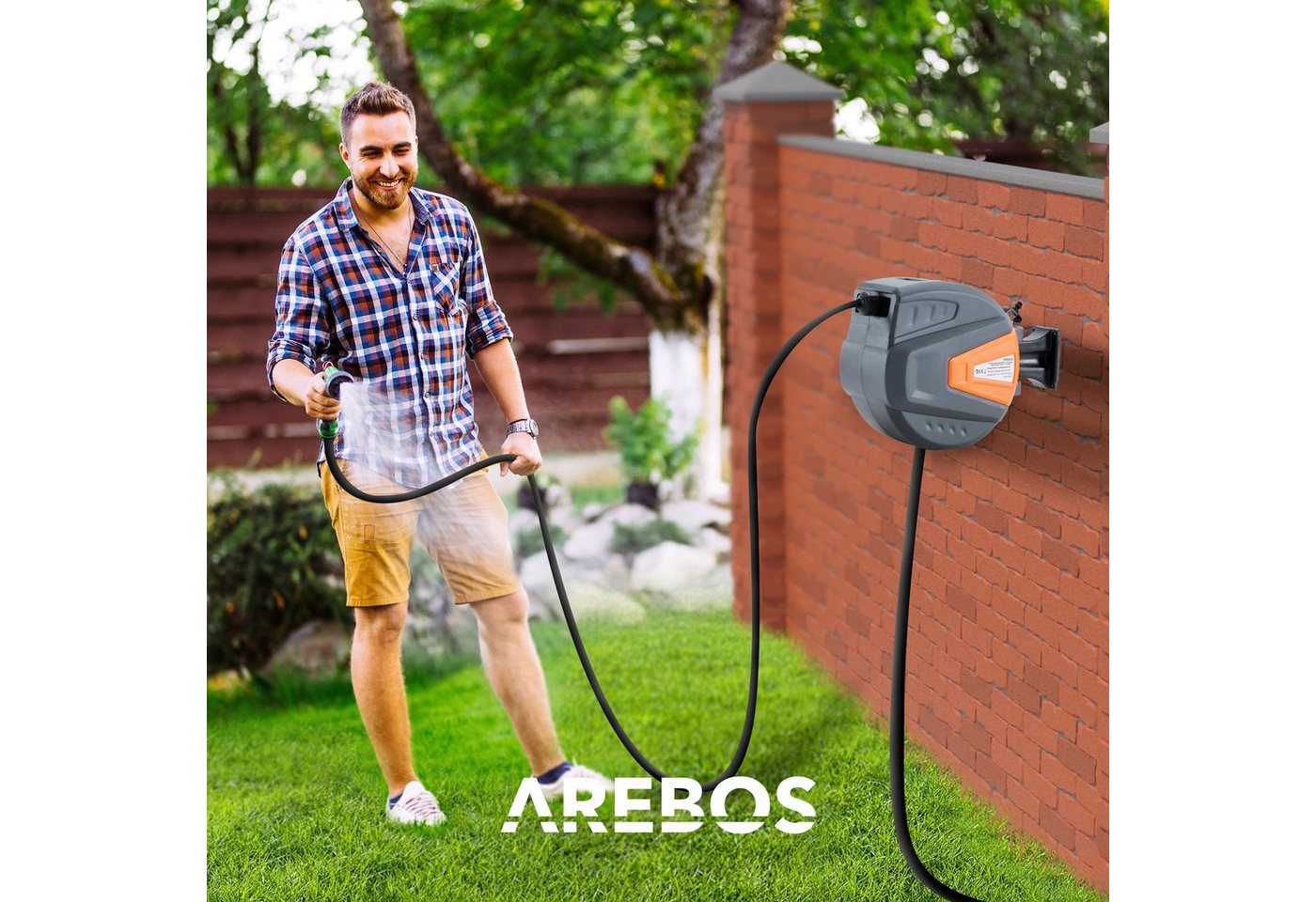 Arebos Schlauchaufroller 30 m, schwenkbare, Wand-Schlauchbox mit Arretierstop, (Stück, 30 m), UV-beständig Dank PVC & Polypropylen Gehäuse – Bild 2 von 5