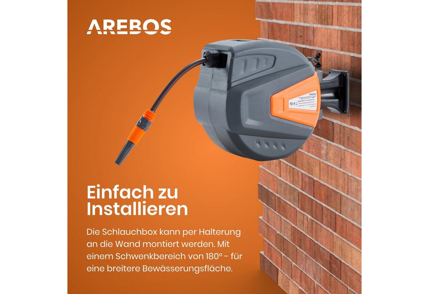 Arebos Schlauchaufroller 30 m, schwenkbare, Wand-Schlauchbox mit Arretierstop, (Stück, 30 m), UV-beständig Dank PVC & Polypropylen Gehäuse – Bild 3 von 5