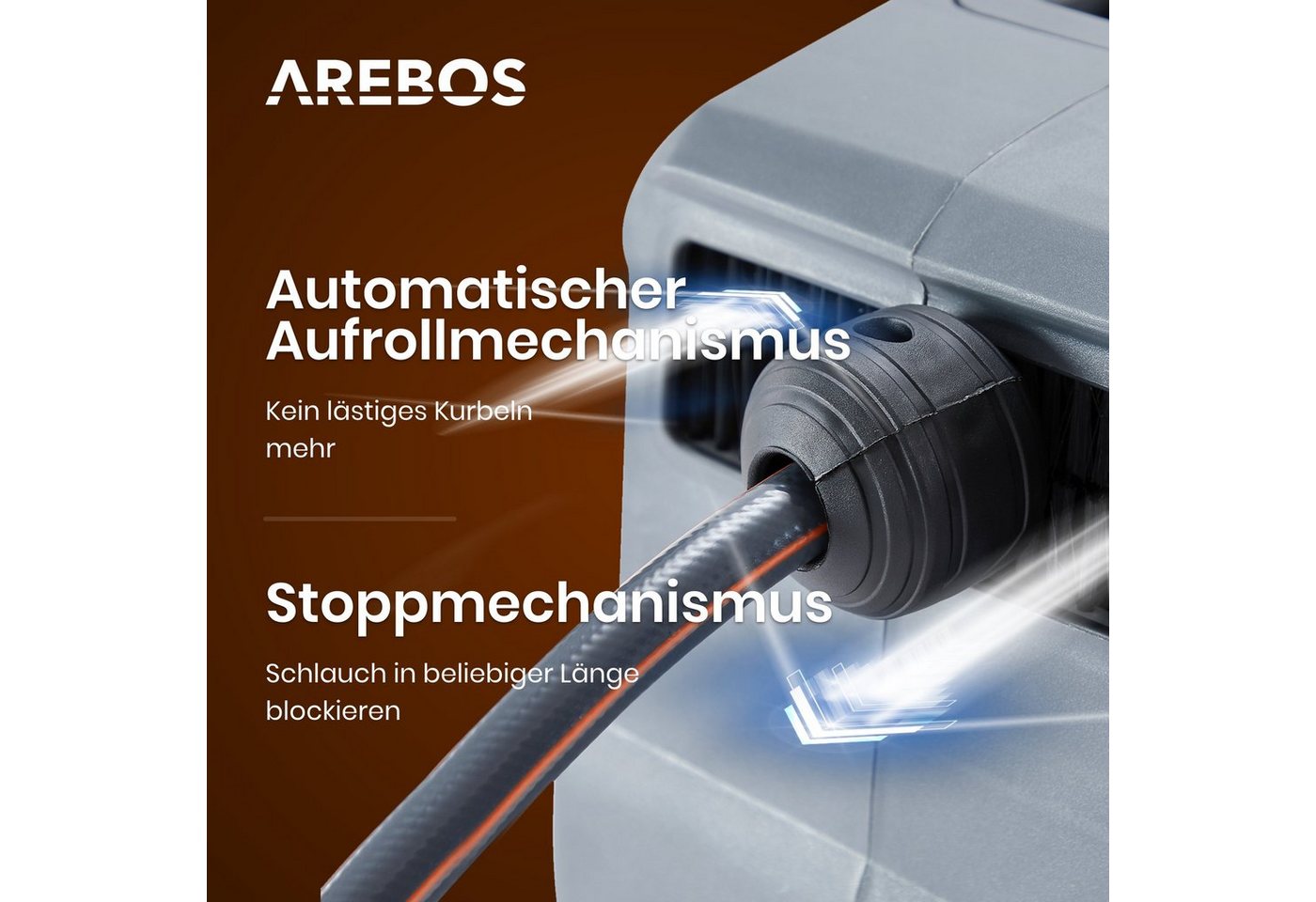 Arebos Schlauchaufroller 30 m, schwenkbare, Wand-Schlauchbox mit Arretierstop, (Stück, 30 m), UV-beständig Dank PVC & Polypropylen Gehäuse – Bild 4 von 5