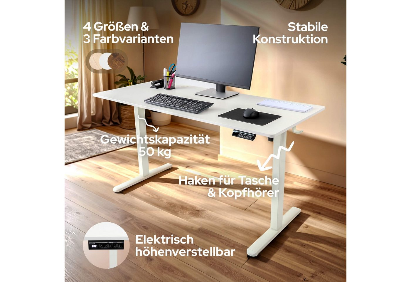 Arebos Schreibtisch Computer-Bürotisch 120 x 60 cm, elektrisch Memory-Funktion, 72-118 cm höhenverstellbar, Hebekapazität: 50 kg – Bild 3 von 5