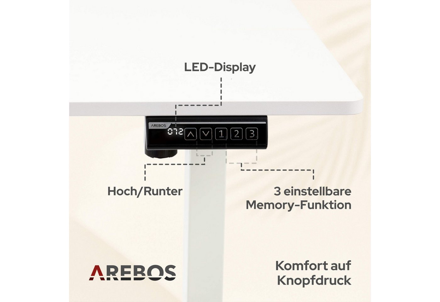 Arebos Schreibtisch Computer-Bürotisch 120 x 60 cm, elektrisch Memory-Funktion, 72-118 cm höhenverstellbar, Hebekapazität: 50 kg – Bild 5 von 5