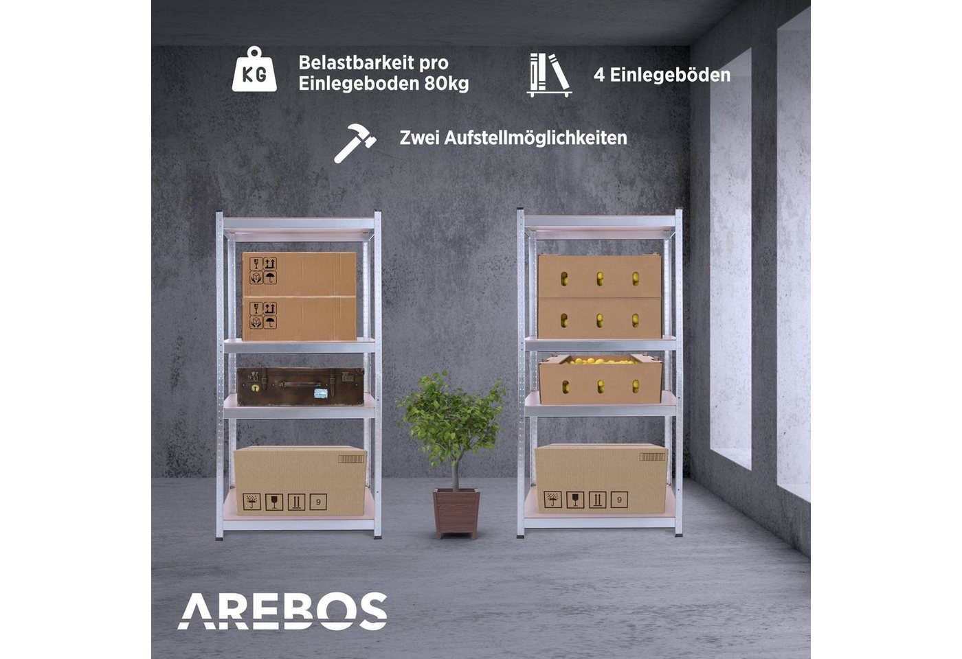 Arebos Schwerlastregal 160 x80x40 cm, 5 Böden, 320 kg Traglast, Steckregal, Lagerregal, Set 2-tlg., Flexibel einsetzbar: für Werkstatt, Garage, Keller oder Lage – Bild 2 von 5