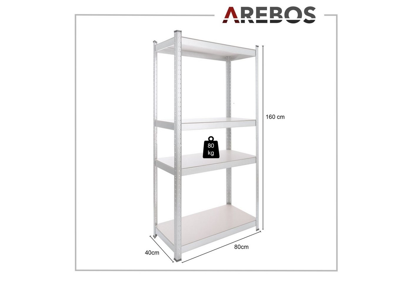 Arebos Schwerlastregal 160 x80x40 cm, 5 Böden, 320 kg Traglast, Steckregal, Lagerregal, Set 2-tlg., Flexibel einsetzbar: für Werkstatt, Garage, Keller oder Lage – Bild 4 von 5