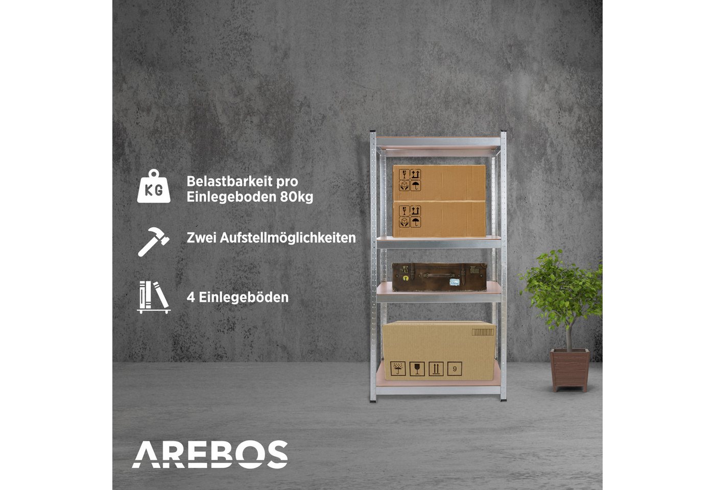 Arebos Schwerlastregal 160x80x40 cm, 5 Böden, 320 kg Traglast, Steckregal, Lagerregal, Flexibel einsetzbar: für Werkstatt, Garage, Keller oder Lager – Bild 2 von 5