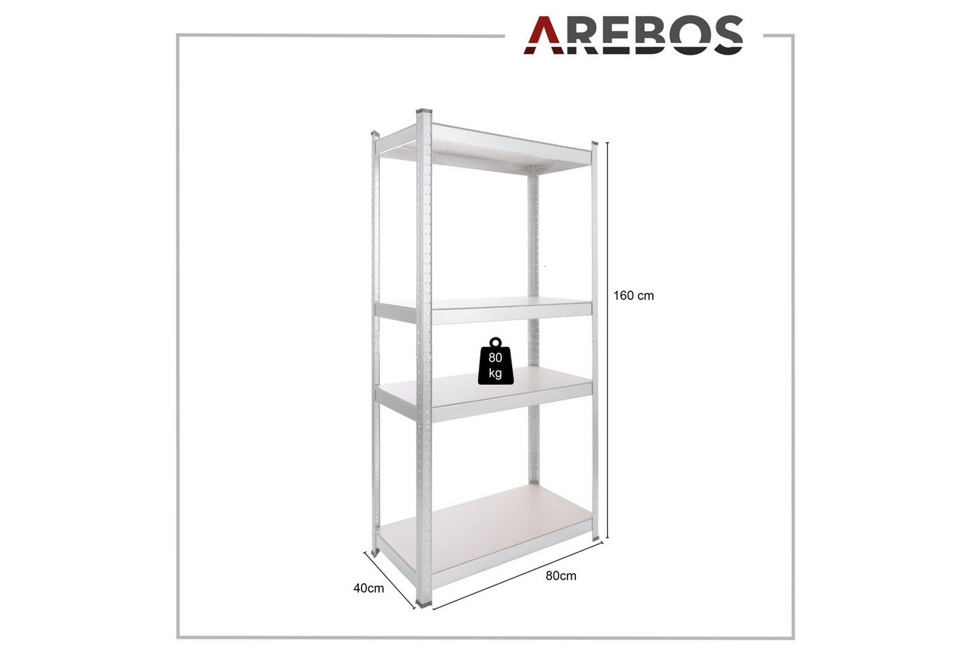 Arebos Schwerlastregal 160x80x40 cm, 5 Böden, 320 kg Traglast, Steckregal, Lagerregal, Flexibel einsetzbar: für Werkstatt, Garage, Keller oder Lager – Bild 5 von 5