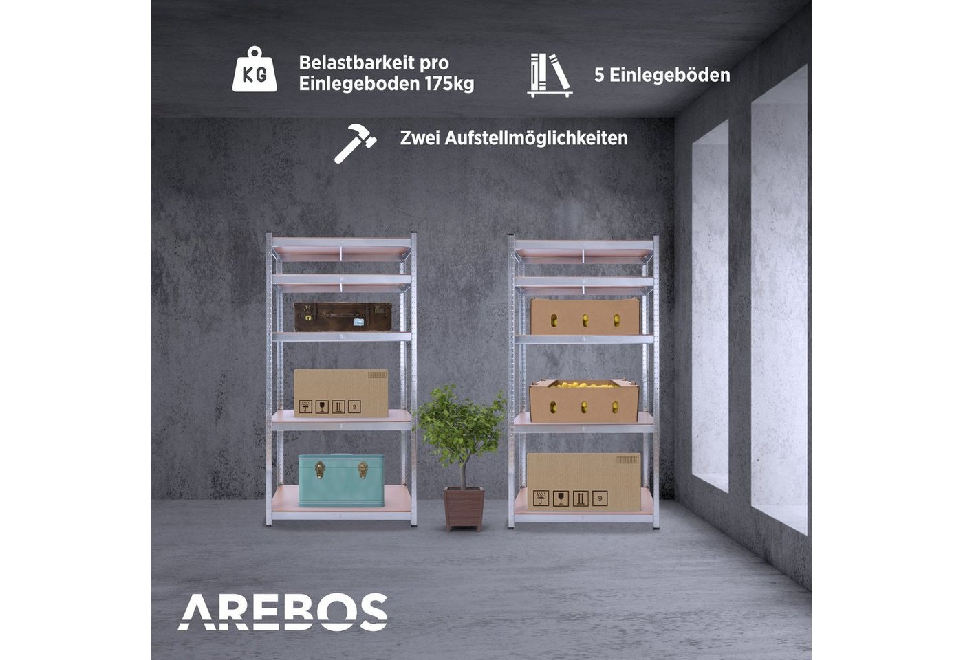 Arebos Schwerlastregal 180x90x40 cm, 5 Böden, 875 kg Traglast, Steckregal, Lagerregal, 2-tlg., Flexibel einsetzbar: für Werkstatt, Garage, Keller oder Lager – Bild 2 von 5
