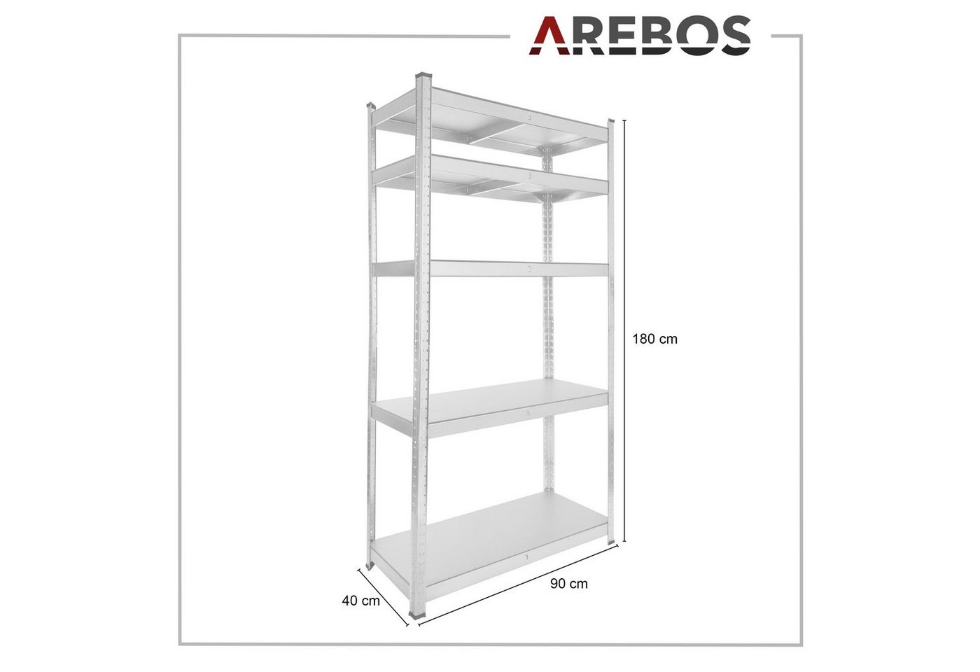 Arebos Schwerlastregal 180x90x40 cm, 5 Böden, 875 kg Traglast, Steckregal, Lagerregal, 2-tlg., Flexibel einsetzbar: für Werkstatt, Garage, Keller oder Lager – Bild 4 von 5